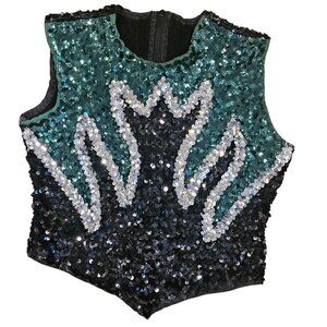 VTG 90s Sequins Dance Performance Tank Shirt Stretch Black Green Sz‎ L Recital